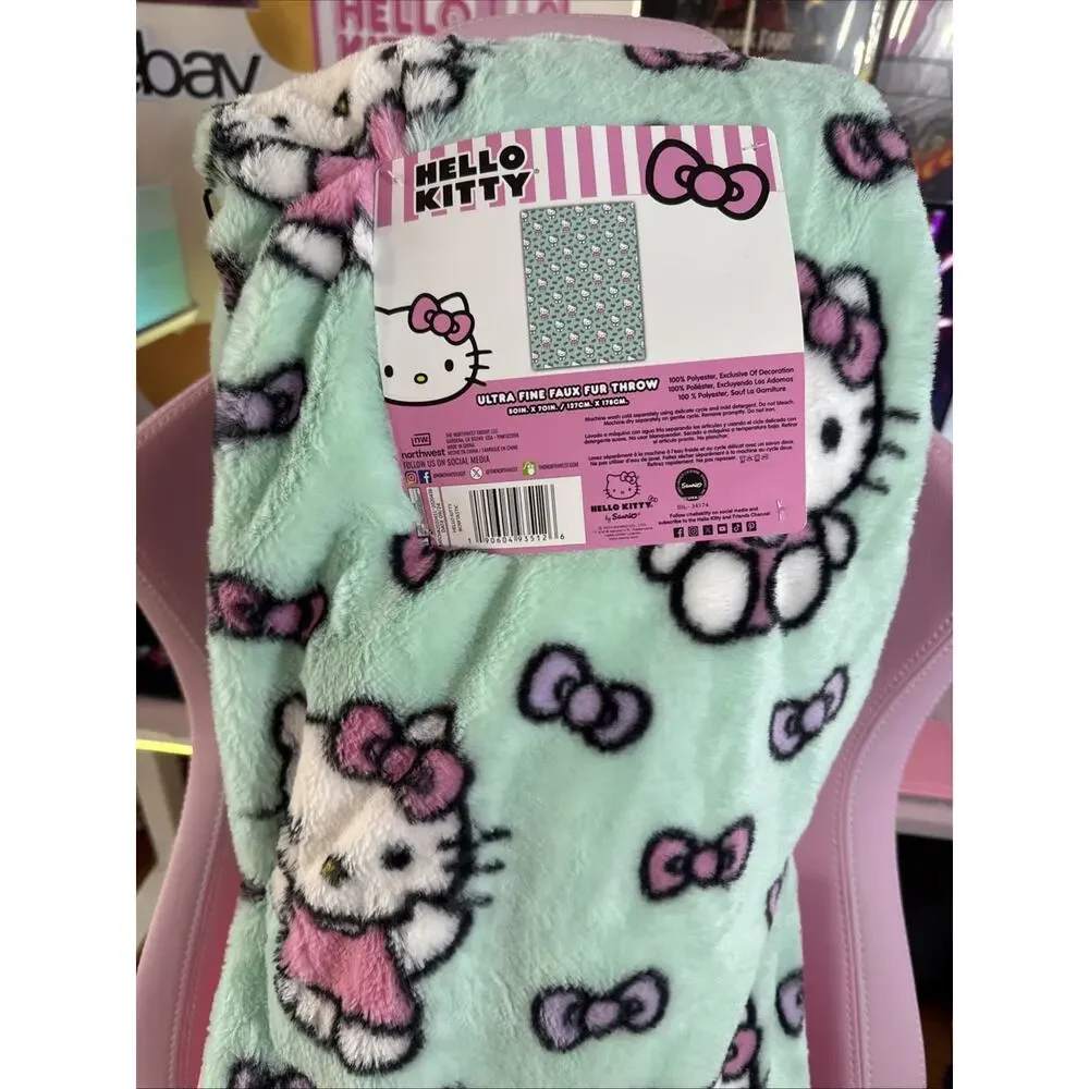 Hello Kitty Throw Blanket Ultra Fine Faux Green Fur Bowtastic Pink 2024 Sanrio